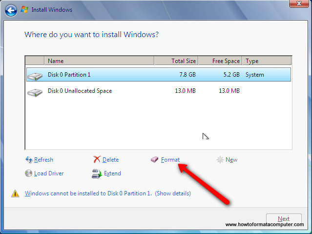 Install Windows 7 - Format Windows 7 Install Partition