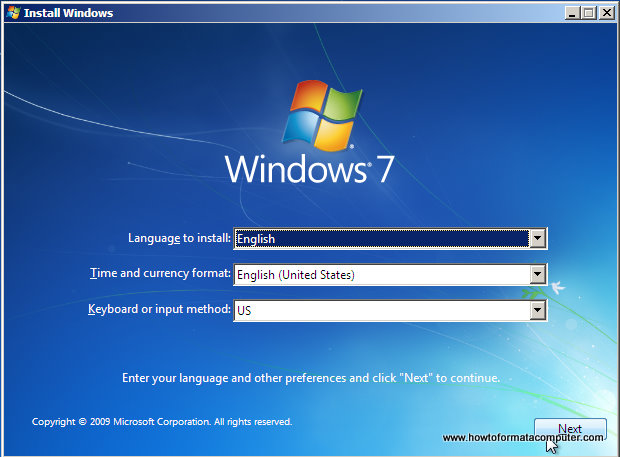 Install Windows 7 - First Setup Screen, input language, time and currency format and keyboard input method