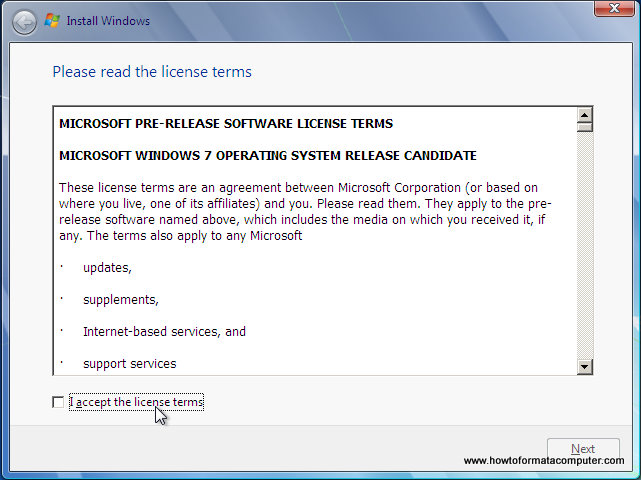 Install Windows 7 - License Terms