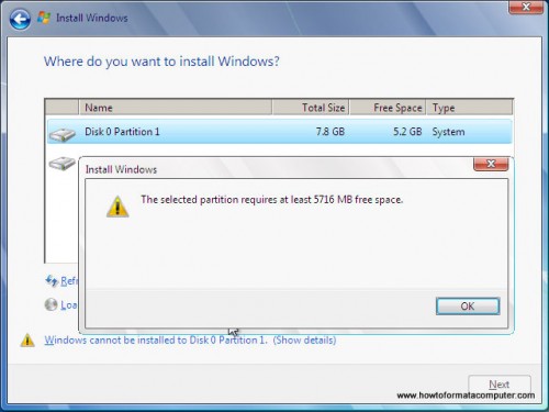 Install Windows 7 - Not enough disk space warning message will appear Install Windows 7 - Not enough disk space warning message will appear