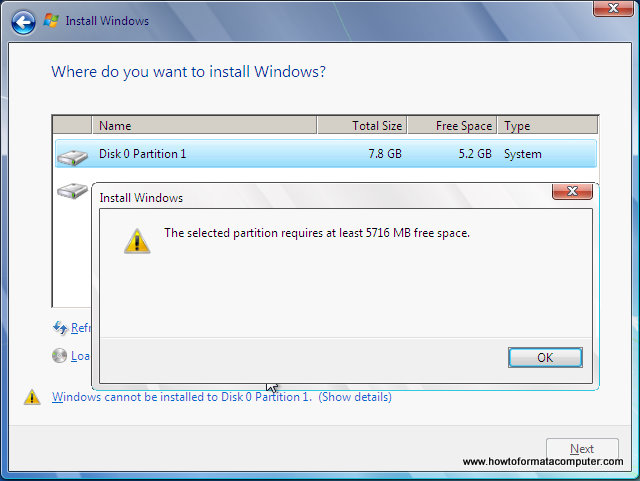 Install Windows 7 - Not enough disk space warning message will appear