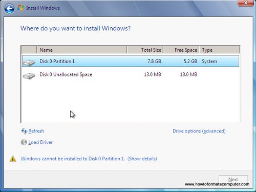 Install Windows 7 - Where do you want to install windows Install Windows 7 - Where do you want to install windows