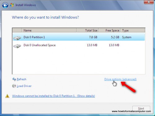 Install Windows 7 - Drive Options Install Windows 7 - Drive Options