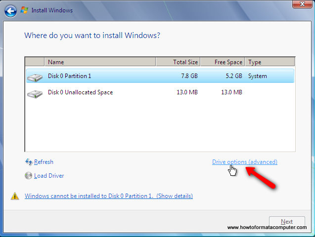 Install Windows 7 - Drive Options