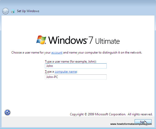 Install Windows 7 - Type a username