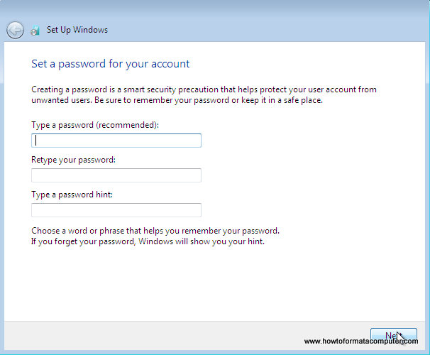 Install Windows 7 - Type a password