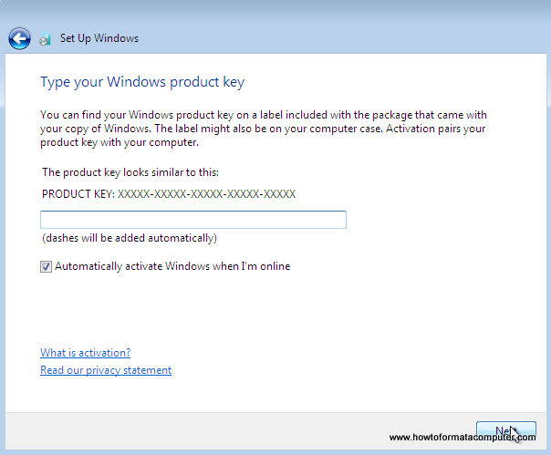 Install Windows 7 - Type your windows product key