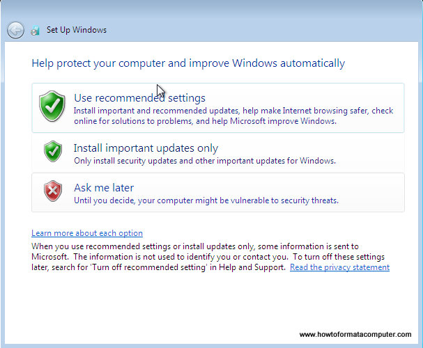 Install Windows 7 - Use Recommended Settings