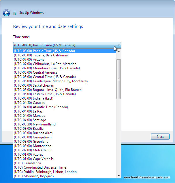 Install Windows 7 - Review your time and date settings