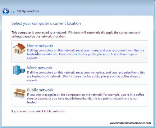 Install Windows 7 - Computer location select network Install Windows 7 - Computer location select network