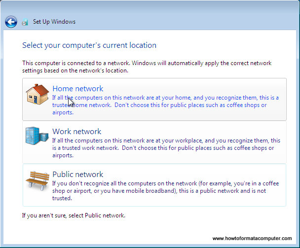 Install Windows 7 - Computer location select network