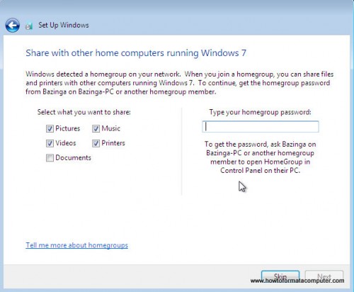 Install Windows 7 - Type homegroup password Install Windows 7 - Type homegroup password