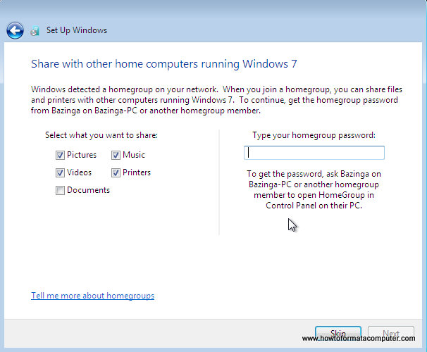 Install Windows 7 - Type homegroup password